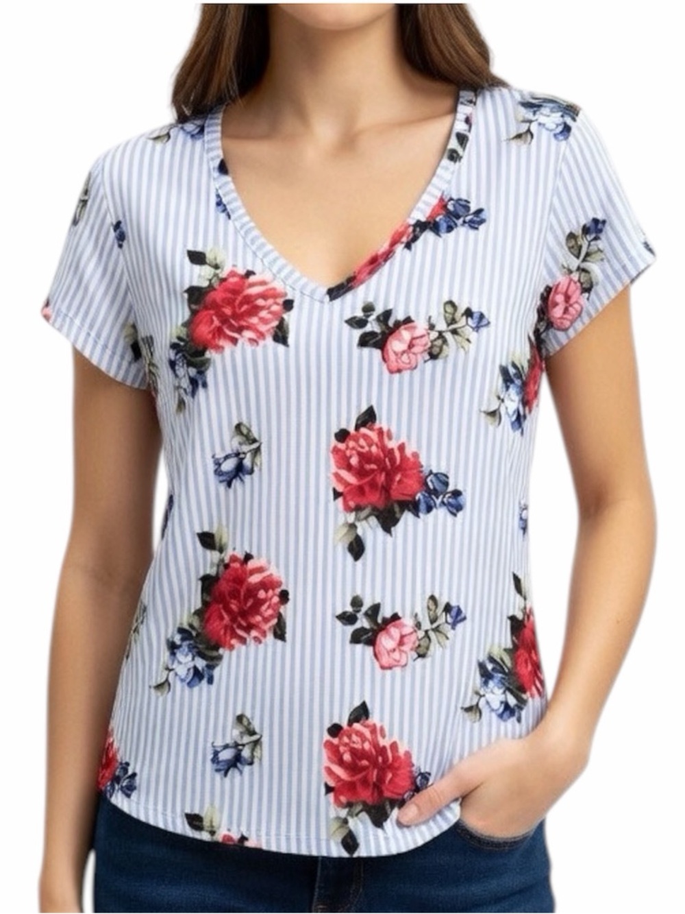 Floral Striped V-Neck Tee - Blue & Red Roses